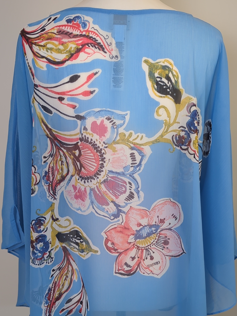 Chico's Watercolor Floral Sheer Poncho Blouse Top Sky Blue L XL - Picture 6 of 14